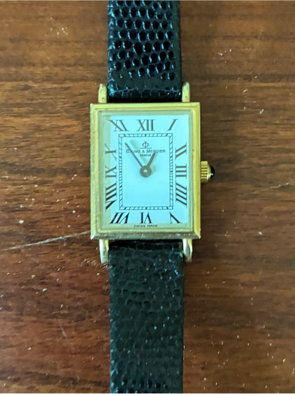 Baume & Mercier 14k Gold Rectangular Dress Watch with Black Leather Strap